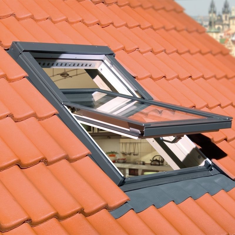 A roof with a skylight that is open