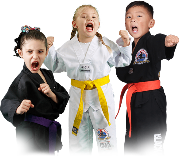 A boy and two girls are wearing karate uniforms