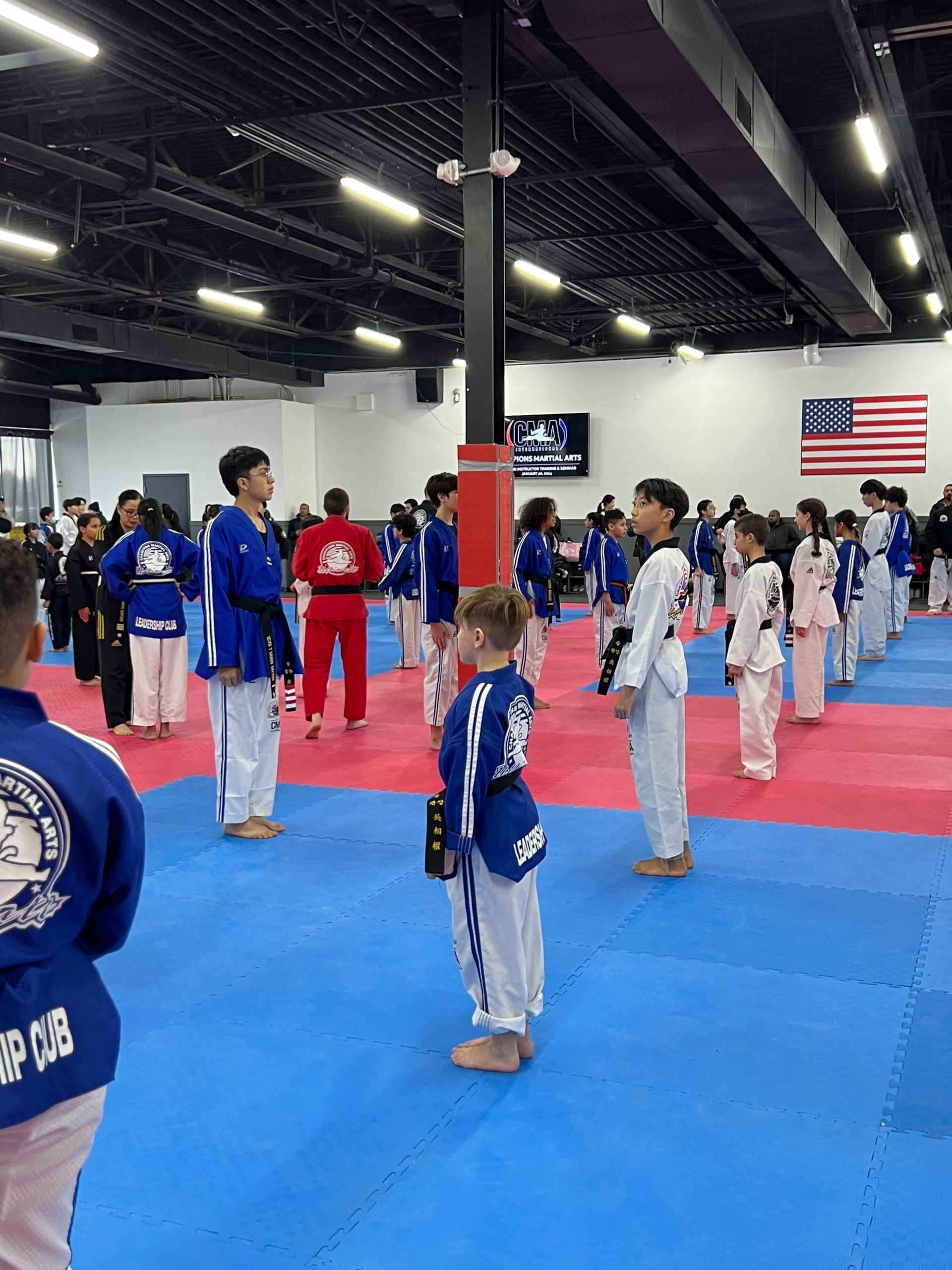 A group of people are standing on a karate mat in a gym.
