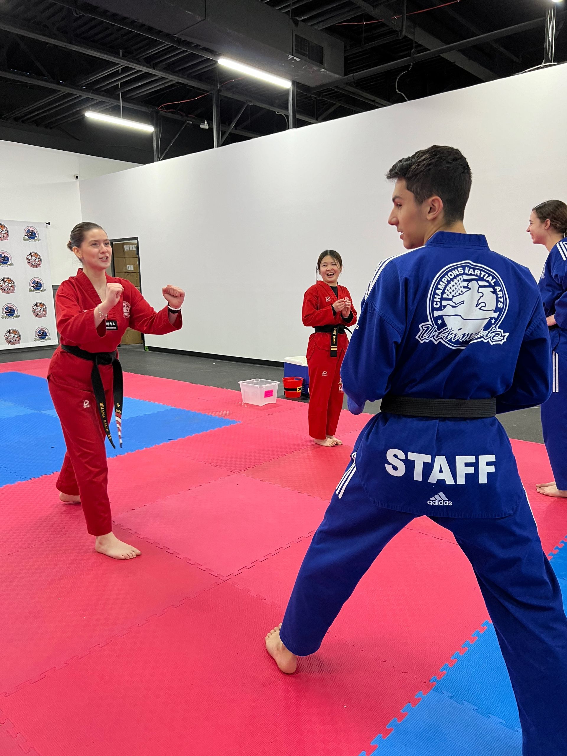 A group of people are practicing martial arts in a gym.