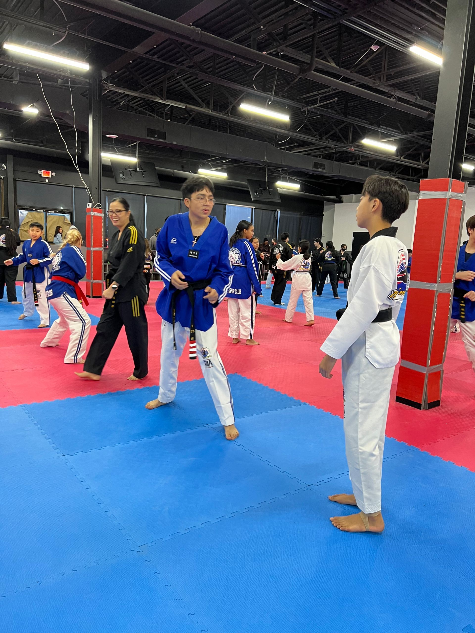 A group of people are practicing martial arts in a gym.