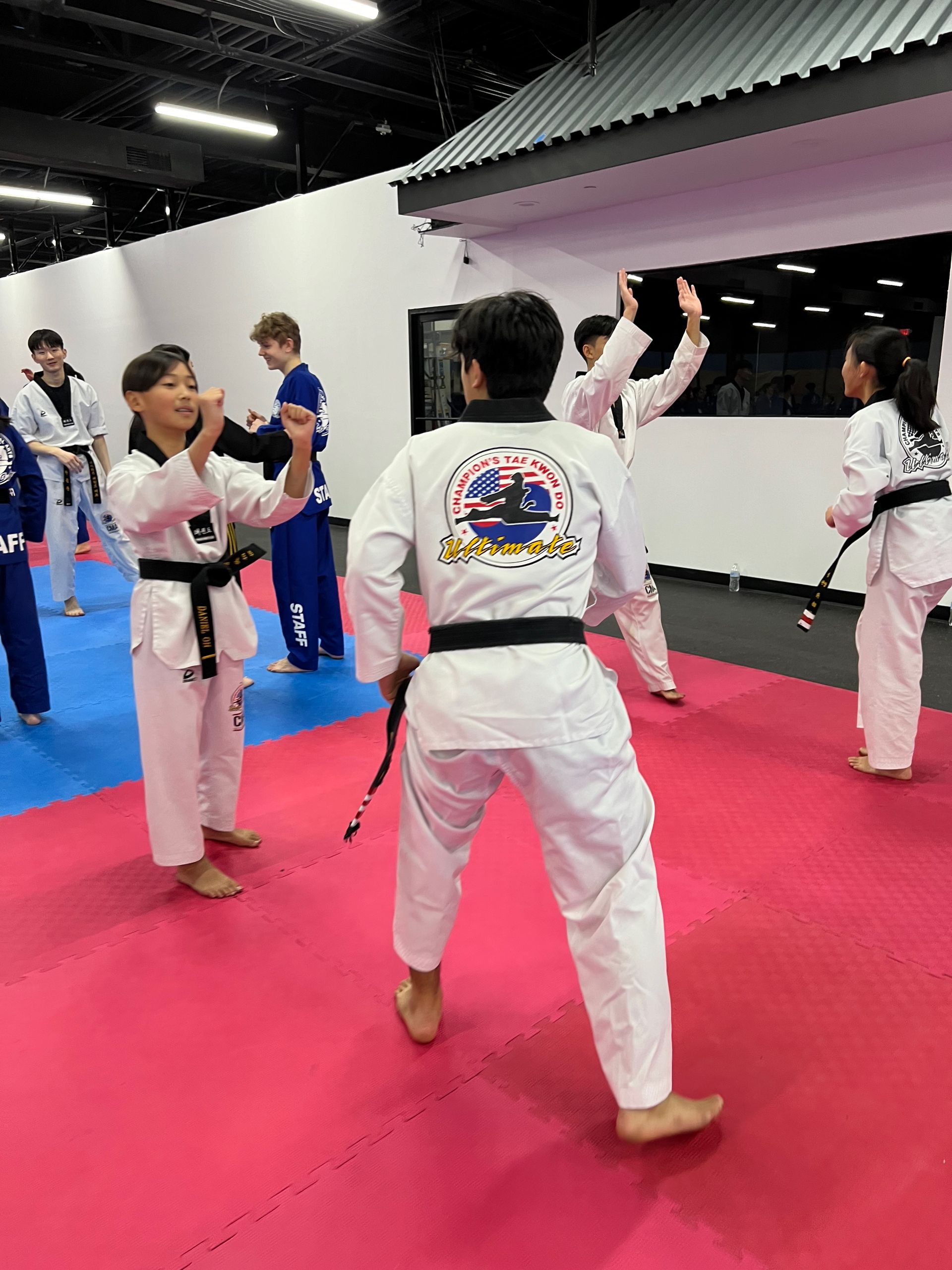 A group of young people are practicing martial arts on a pink mat in a gym.