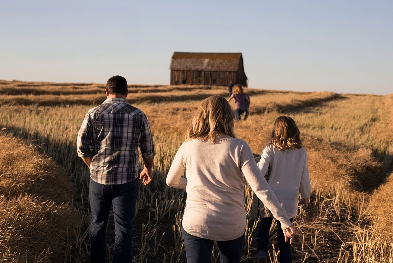 Three people walking through a golden field toward a barn under a clear sky, Harvest Financial Group logo in top left