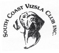 A black and white logo for south coast vizsla club inc.