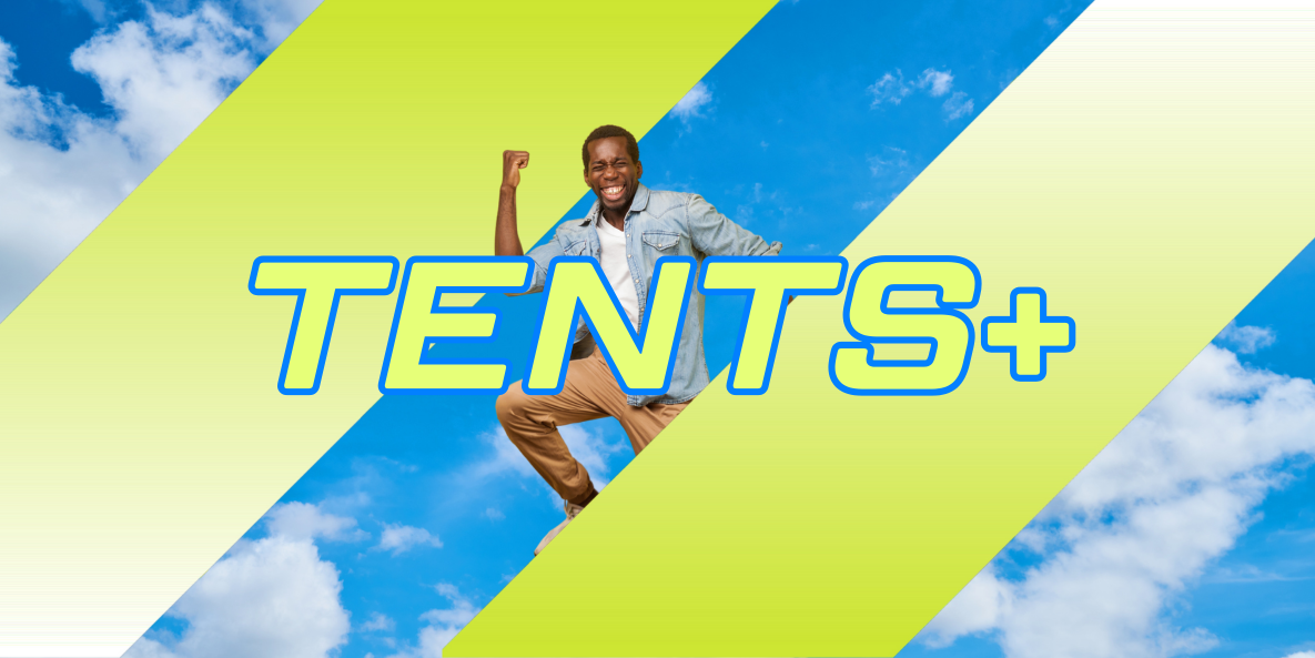 A man is jumping in the air with the words tents + behind him