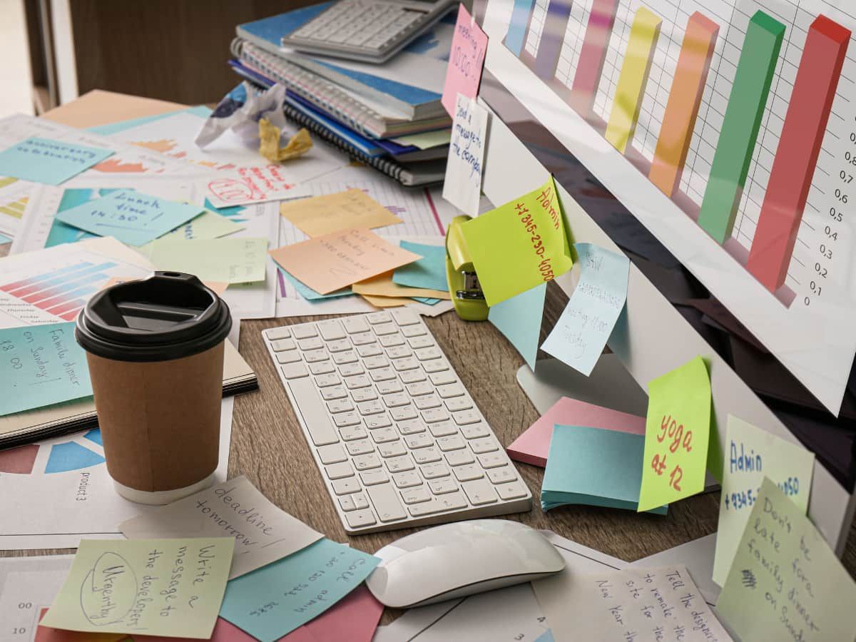 Cluttered office desk with charts, sticky notes, and coffee cup, highlighting the need for direct bill outsourcing.