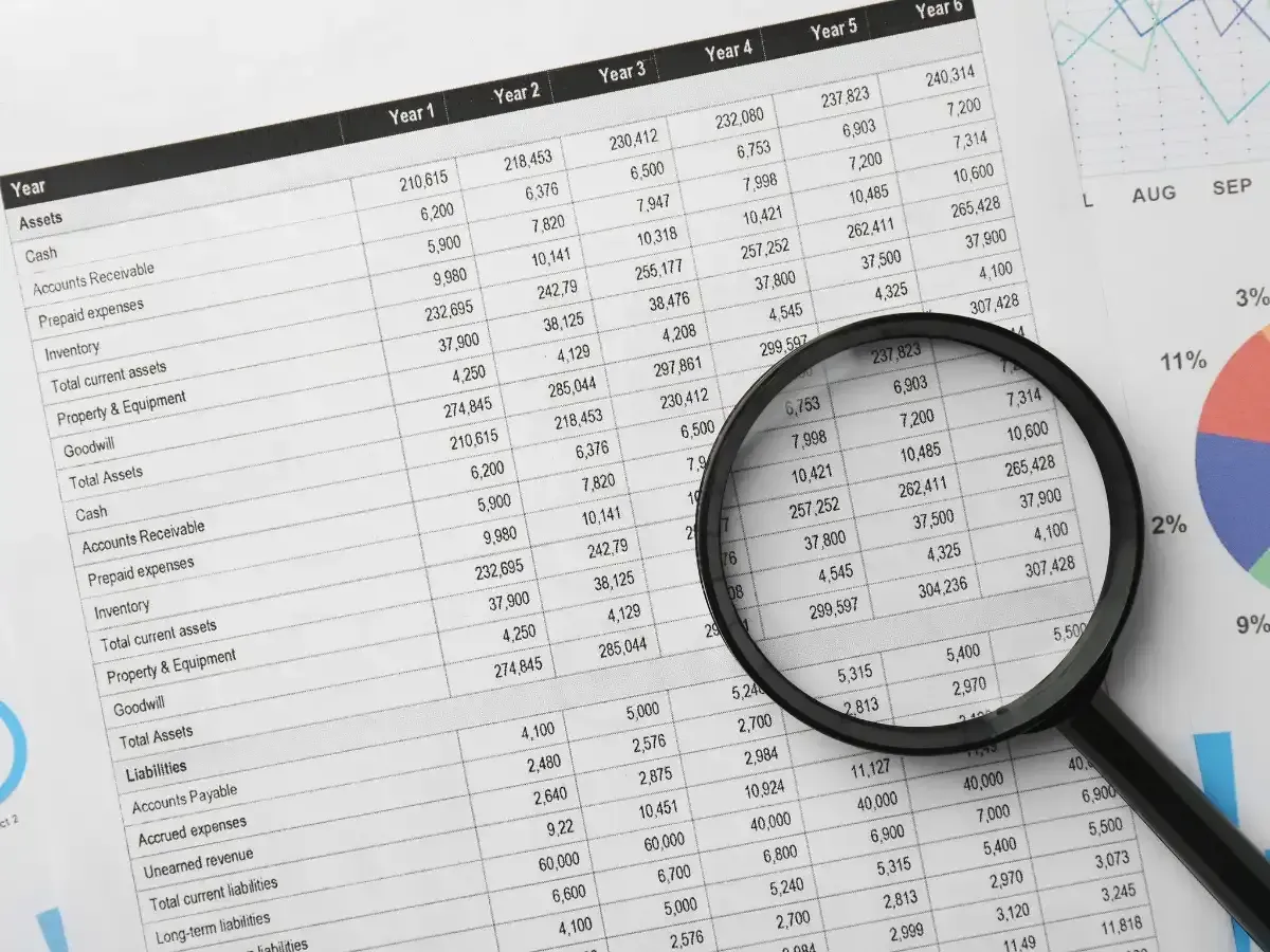 an accounting record with a magnifying glass on top