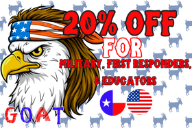 Promotional graphic offering 20% off for military, first responders, and educators, featuring an eagle and flags.