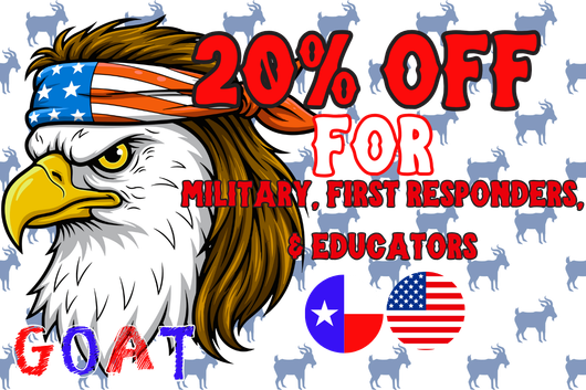 Promotional graphic offering 20% off for military, first responders, and educators, featuring an eagle and flags.