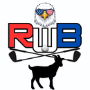 Logo with eagle wearing flag sunglasses, large RWB letters, crossed golf clubs, a golf ball, and a goat silhouette below.