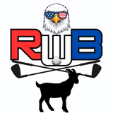 Logo with eagle wearing flag sunglasses, large RWB letters, crossed golf clubs, a golf ball, and a goat silhouette below.