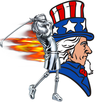A silver eagle golfer swinging a club with a flame trail behind it, positioned in front of Uncle Sam’s profile.