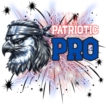 Metallic eagle head wearing a bandana, set against red, white, and blue lightning and sparks with the text 