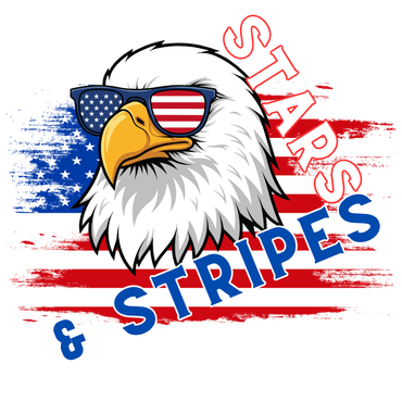 Bald eagle wearing American flag-themed sunglasses, set against a distressed American flag backdrop with text
