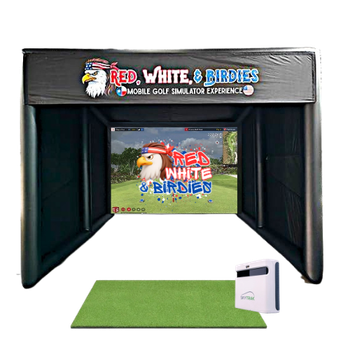 An inflatable golf simulator enclosure branded 