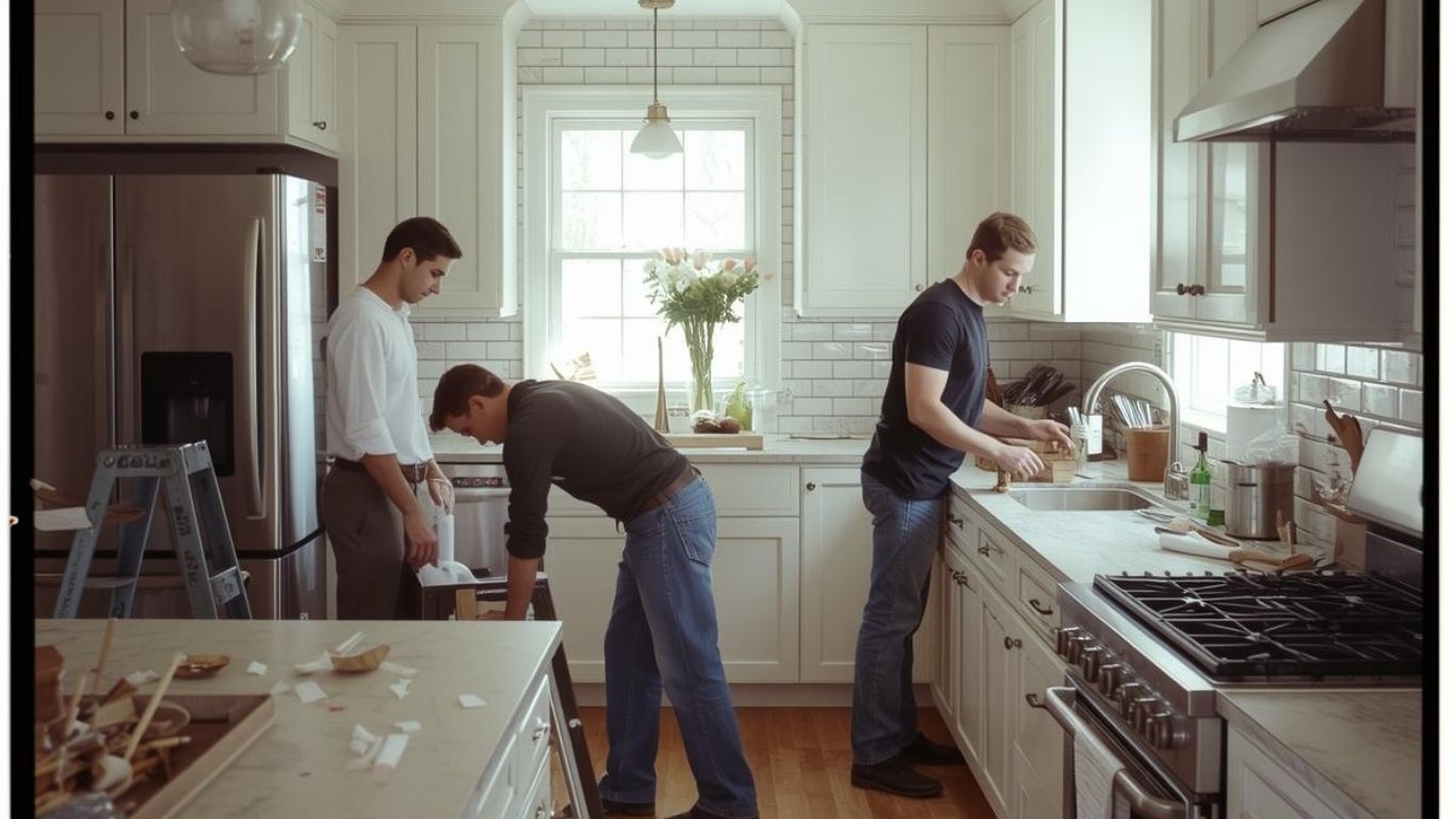 Three individuals in a bright, modern kitchen are working on home improvements, including assembly and cleanup.
