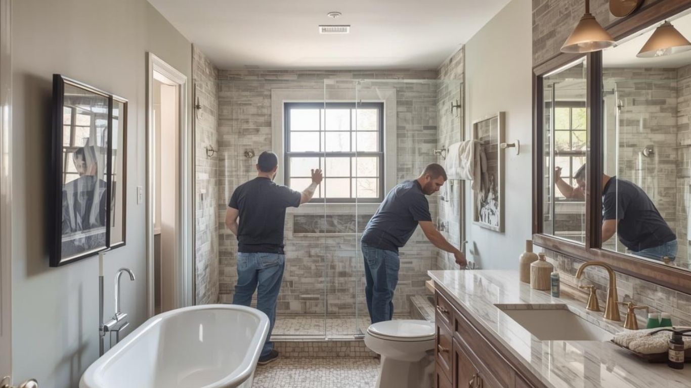 Two people working on a bathroom renovation, installing a glass shower enclosure near a window.