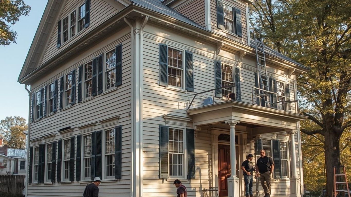 A light-colored, three-story historic house with a front porch, dark shutters, and workers outside.