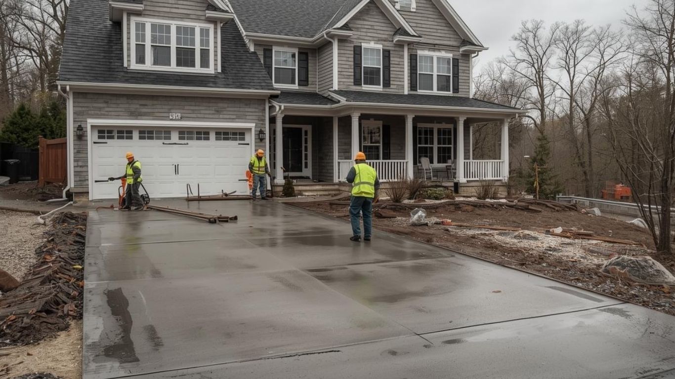 Three construction workers in high-visibility vests work on a newly poured concrete driveway in front of a two-story house.