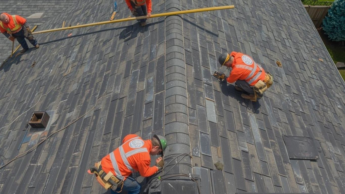 Three roofers in orange high-visibility vests work on a gray, shingled roof.