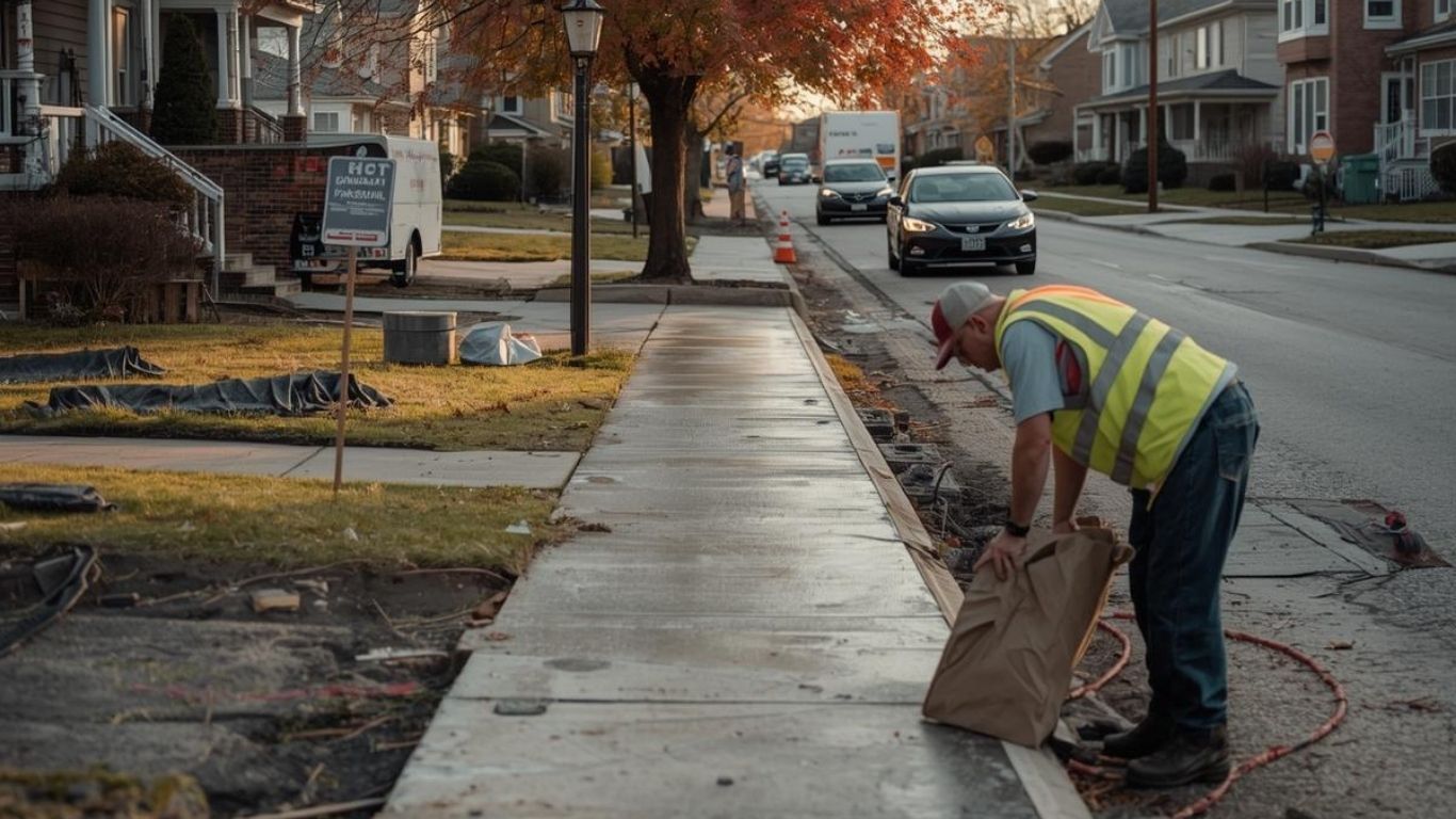 A construction worker in a high-visibility vest works on a sidewalk in a residential neighborhood.