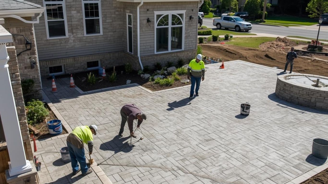 Three workers in safety gear finish installing a paver patio next to a house with a stone foundation and a stone fire pit.