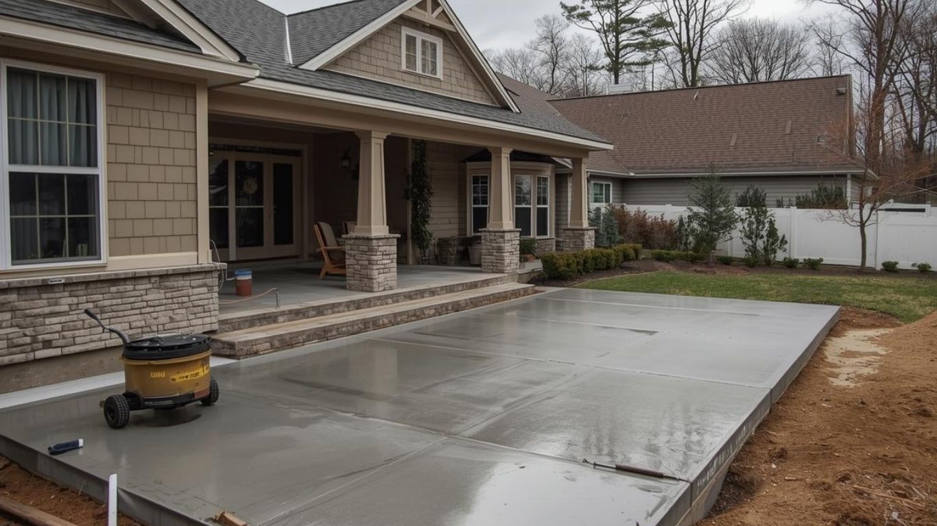 A freshly poured rectangular concrete patio extending from the covered porch of a tan-sided home with stone accents.