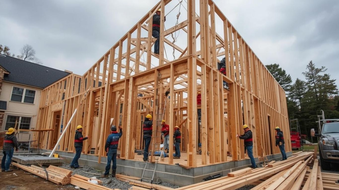 Construction workers frame the wooden structure of a new house at a job site under a cloudy sky.