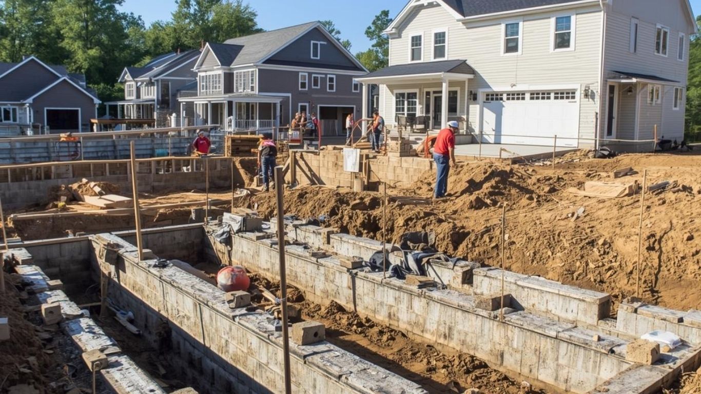 Construction workers prepare a residential foundation in a neighborhood with completed houses under a clear blue sky.
