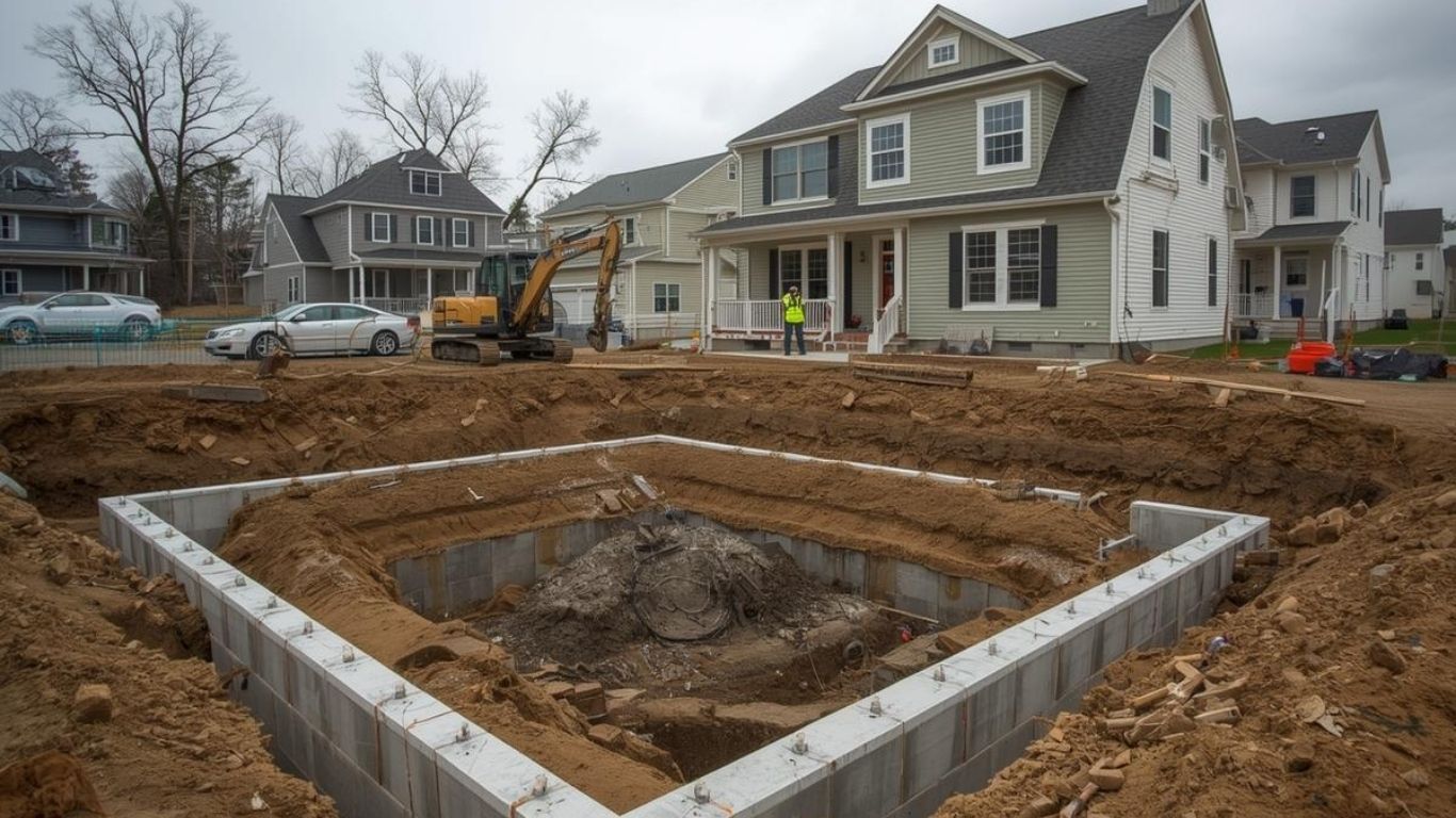 A construction site showing a concrete foundation in a large excavated pit in front of a house under construction.