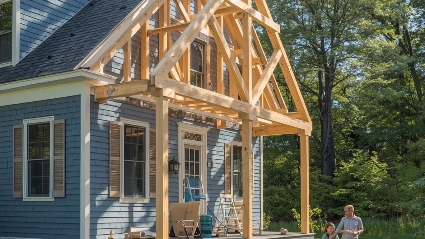 A blue house with a new timber frame porch addition under construction, surrounded by trees with two people standing nearby.