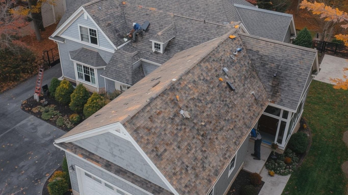 An aerial view shows workers repairing the roof of a two-story gray suburban house during autumn.
