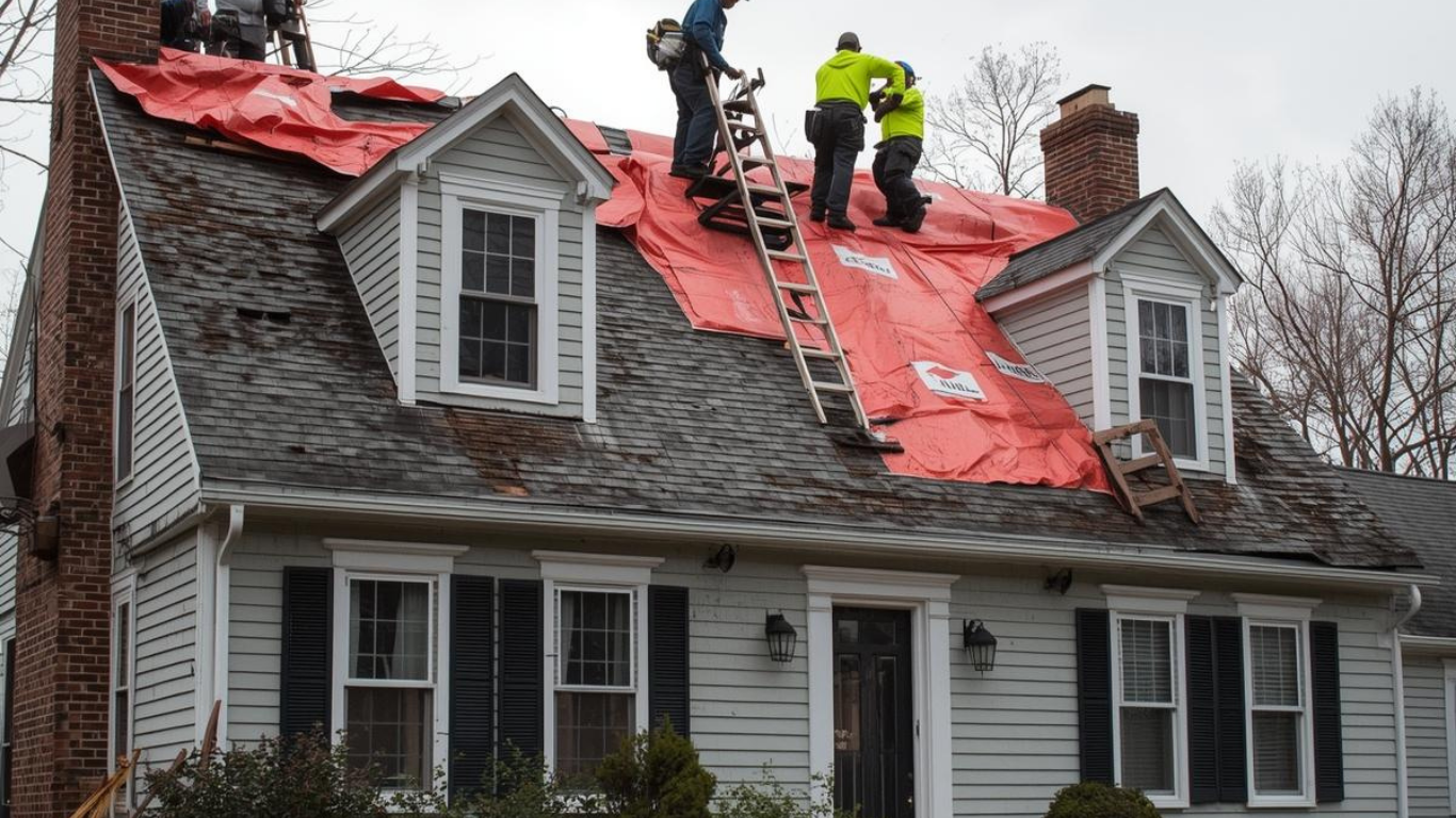 Three workers in high-visibility vests use a ladder on the roof of a two-story home covered with a red tarp.