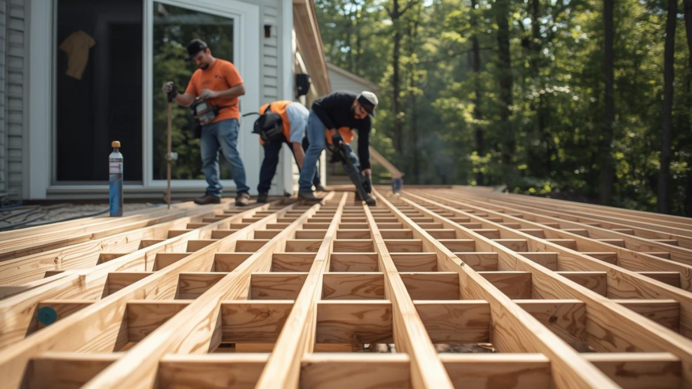 Construction workers install a wooden deck frame outdoors next to a house.