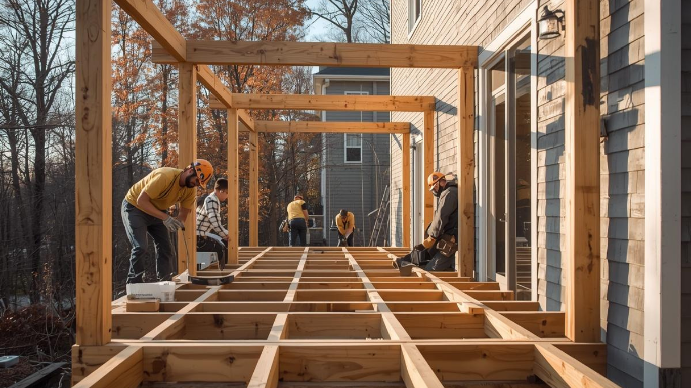 Construction workers build a wooden deck frame attached to the side of a house during the day.
