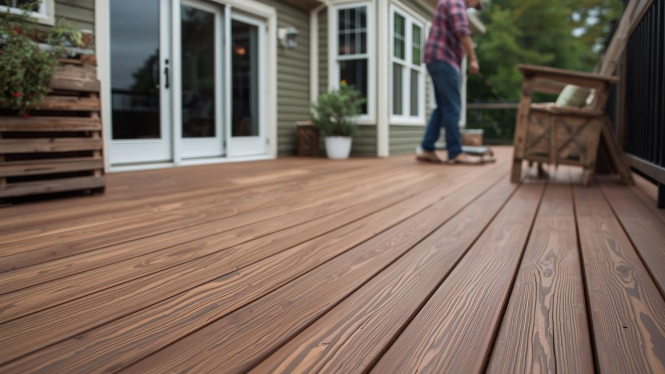 A person stands on a wooden deck in front of a house with sliding glass doors, a potted plant, and a wooden chair.