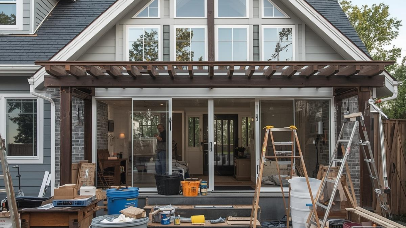 A patio under construction with a dark wooden pergola, ladders, tools, and materials in front of a house exterior.