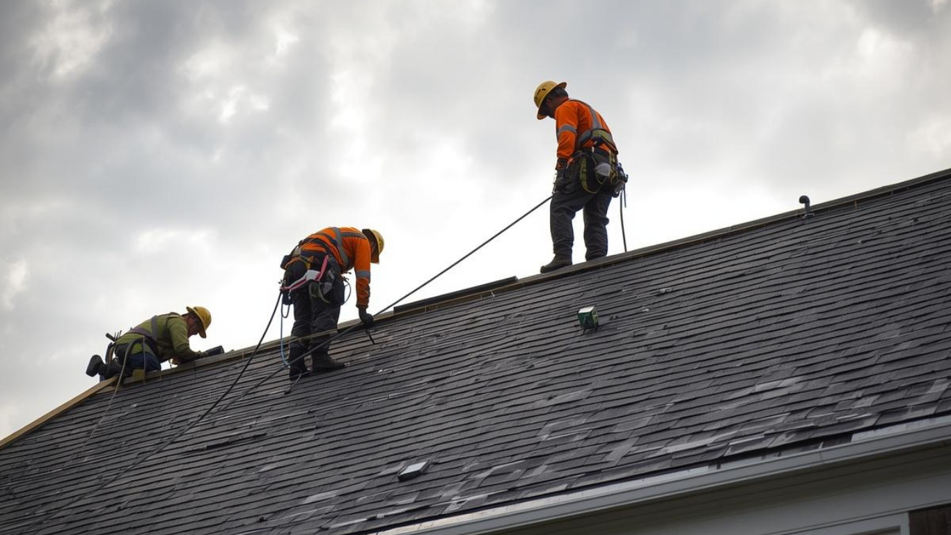 Three workers in high-visibility orange and yellow gear wearing hard hats install shingles on a pitched roof.