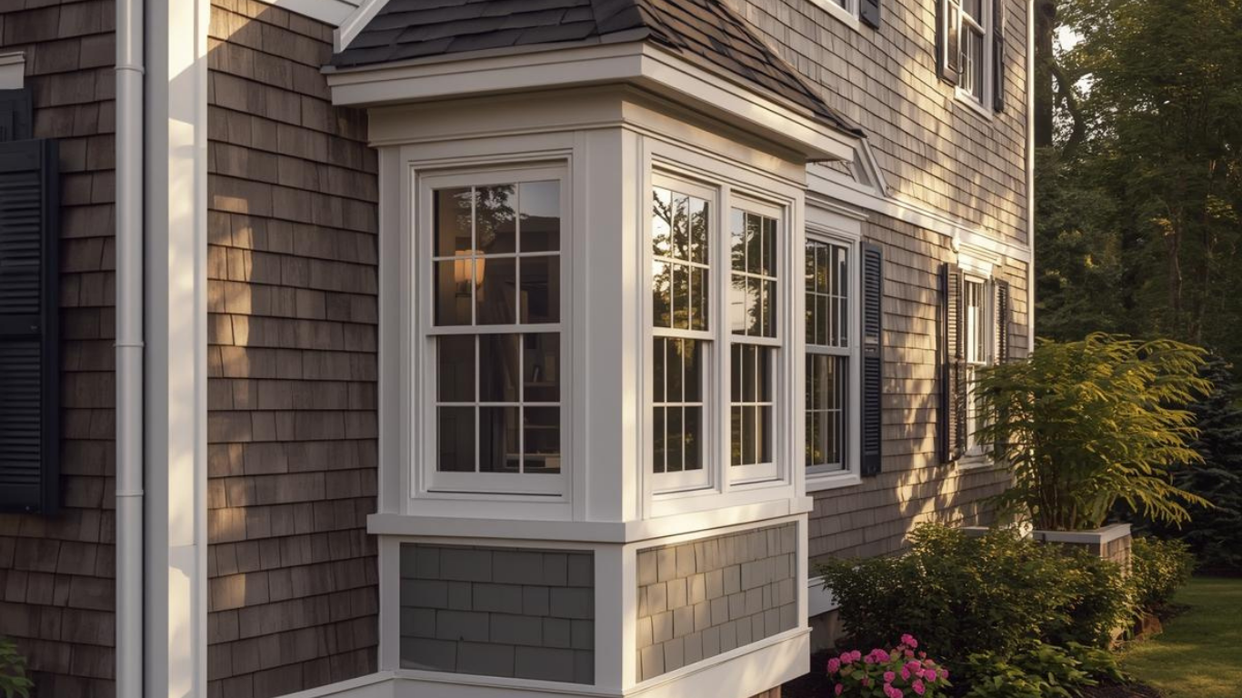 A shingled house exterior featuring a white-framed bay window with multi-pane glass and decorative molding.
