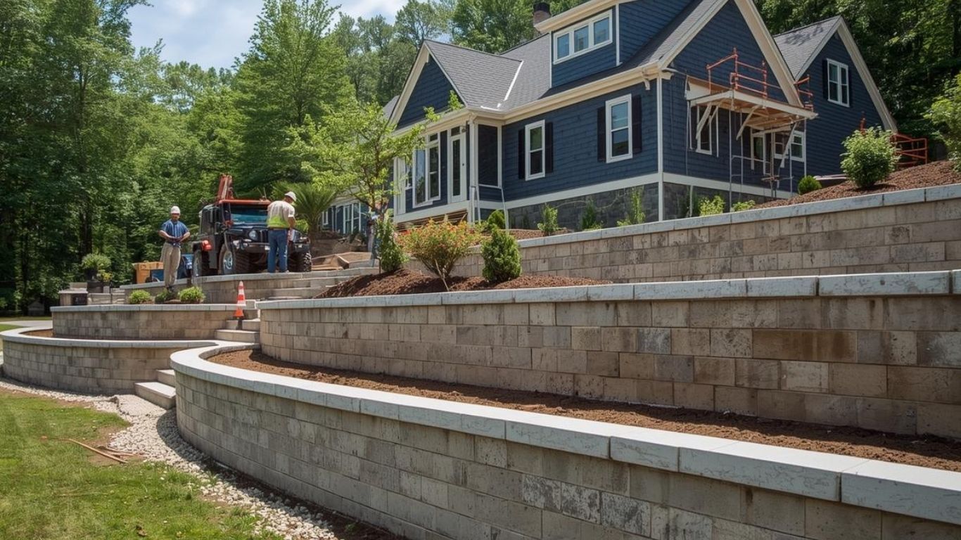 A multi-tiered stone retaining wall curves in front of a dark blue house surrounded by trees on a sunny day.