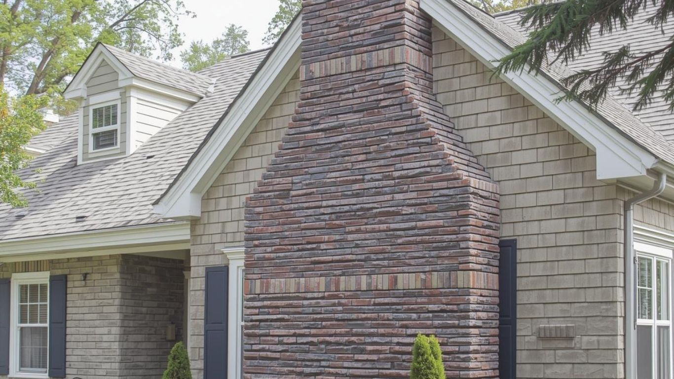 A house exterior featuring a stone chimney, gray shingles, and dark shutters on a sunny day.
