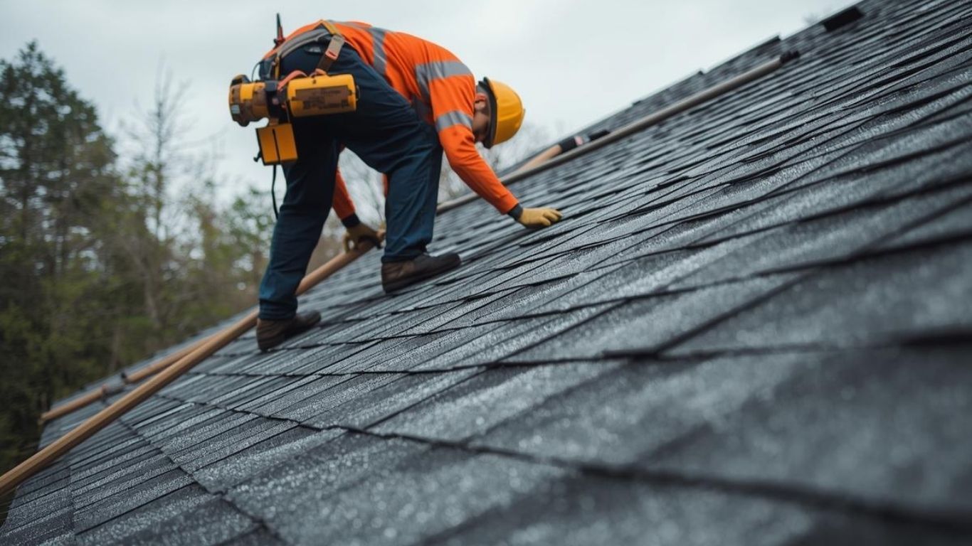 A construction worker in a yellow hard hat and orange high-visibility shirt inspects a gray shingled roof.