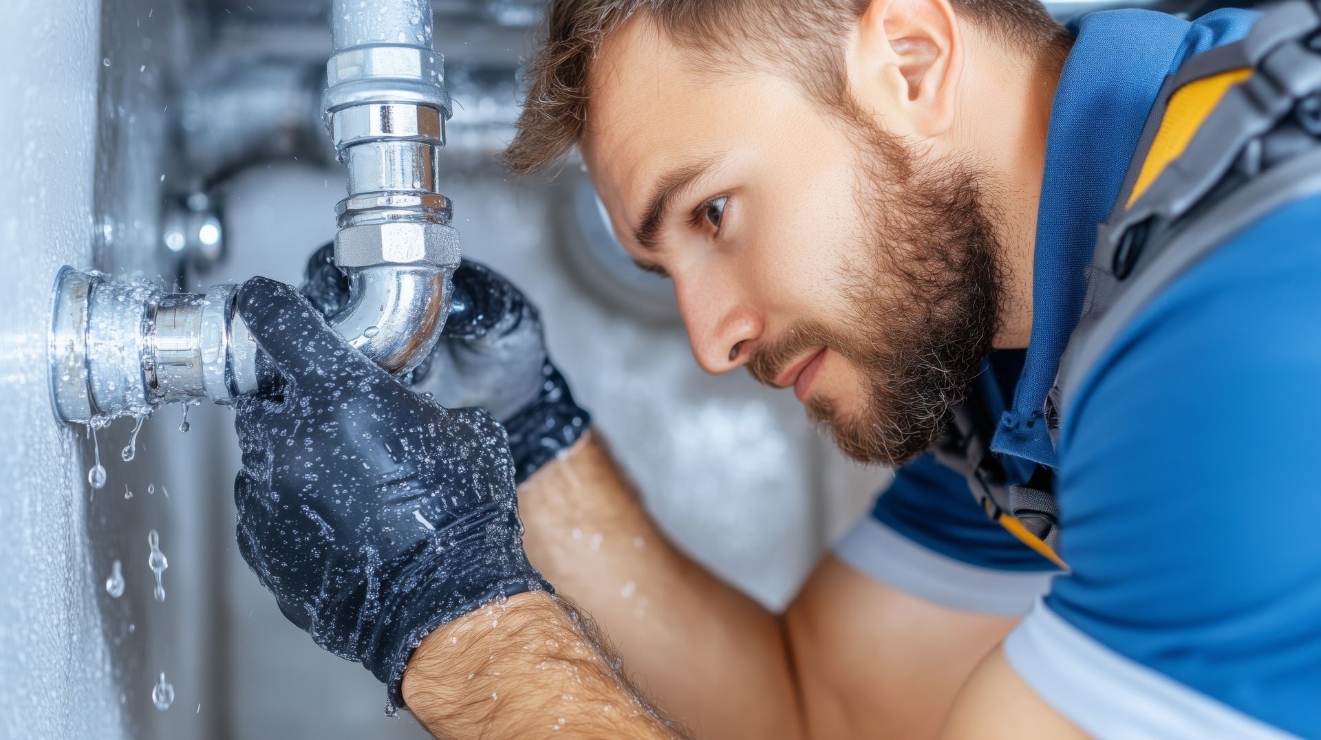 A professional emergency plumber in gloves repairs a leaking pipe to prevent water damage. A professional emergency plumber in gloves repairs a leaking pipe to prevent water damage.