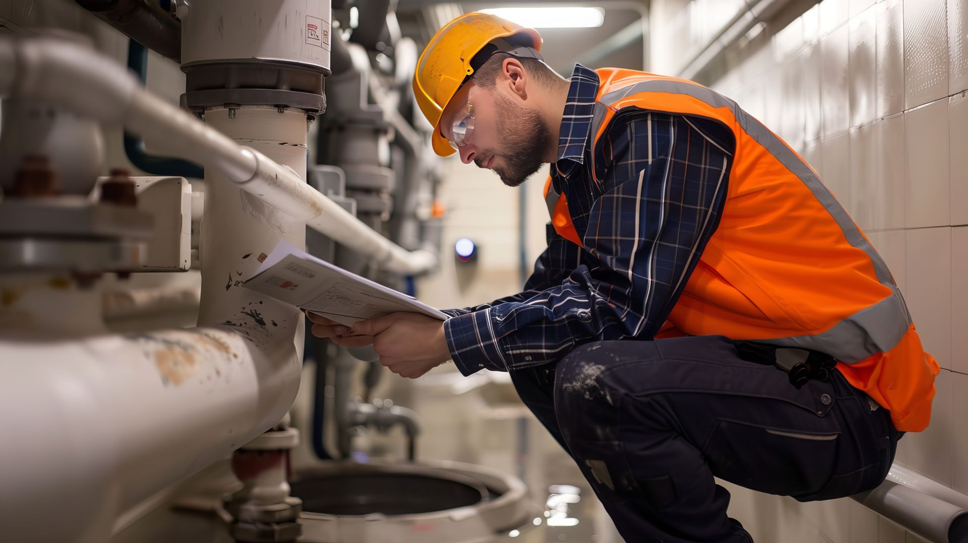 Worker in safety gear inspecting pipes while reviewing documents in an industrial area. Worker in safety gear inspecting pipes while reviewing documents in an industrial area.