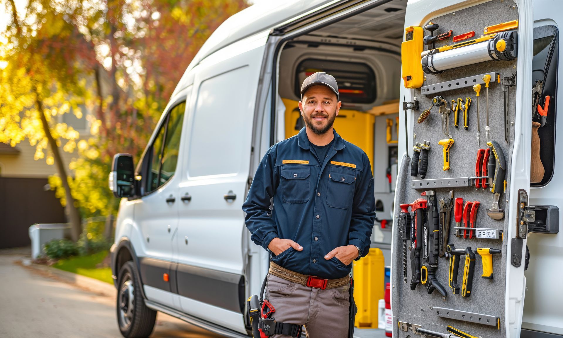 Technician standing beside a work van with tools organized on the open door panel. Technician standing beside a work van with tools organized on the open door panel.