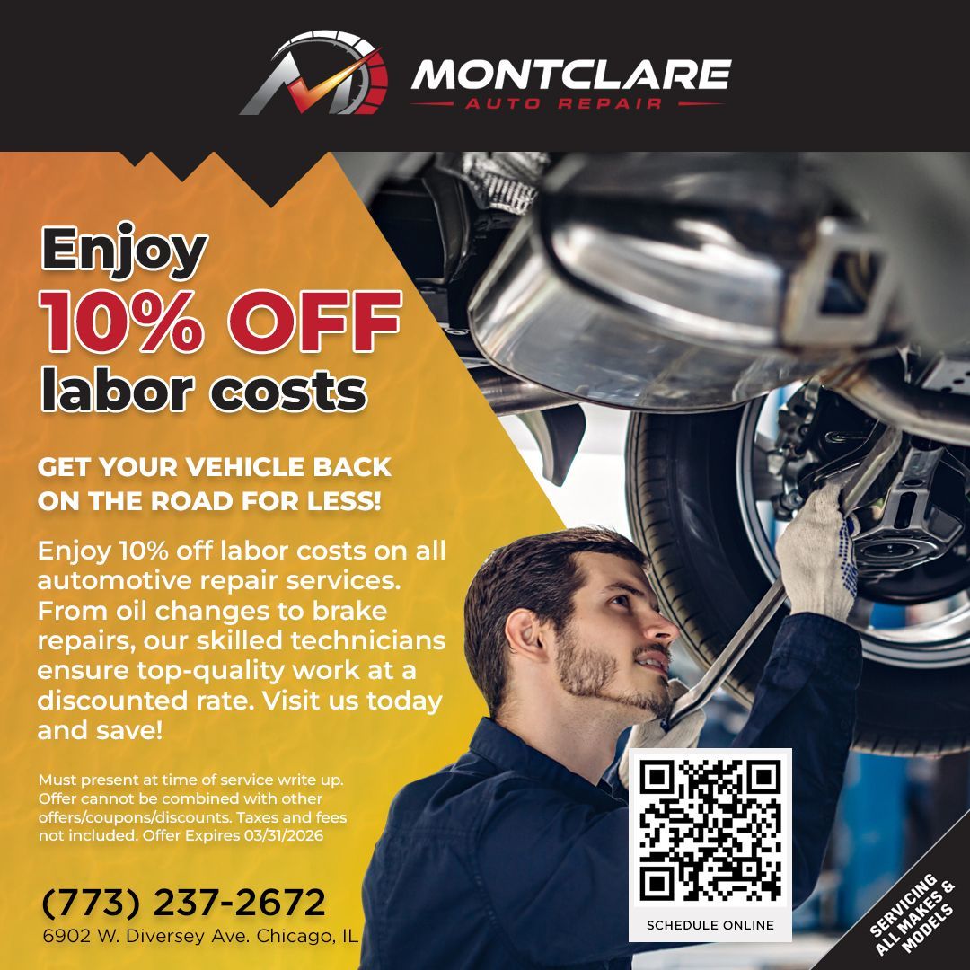 Advertisement for Montclare Auto Repair offering 10% off labor costs. Mechanic working on a car, QR code, phone number.