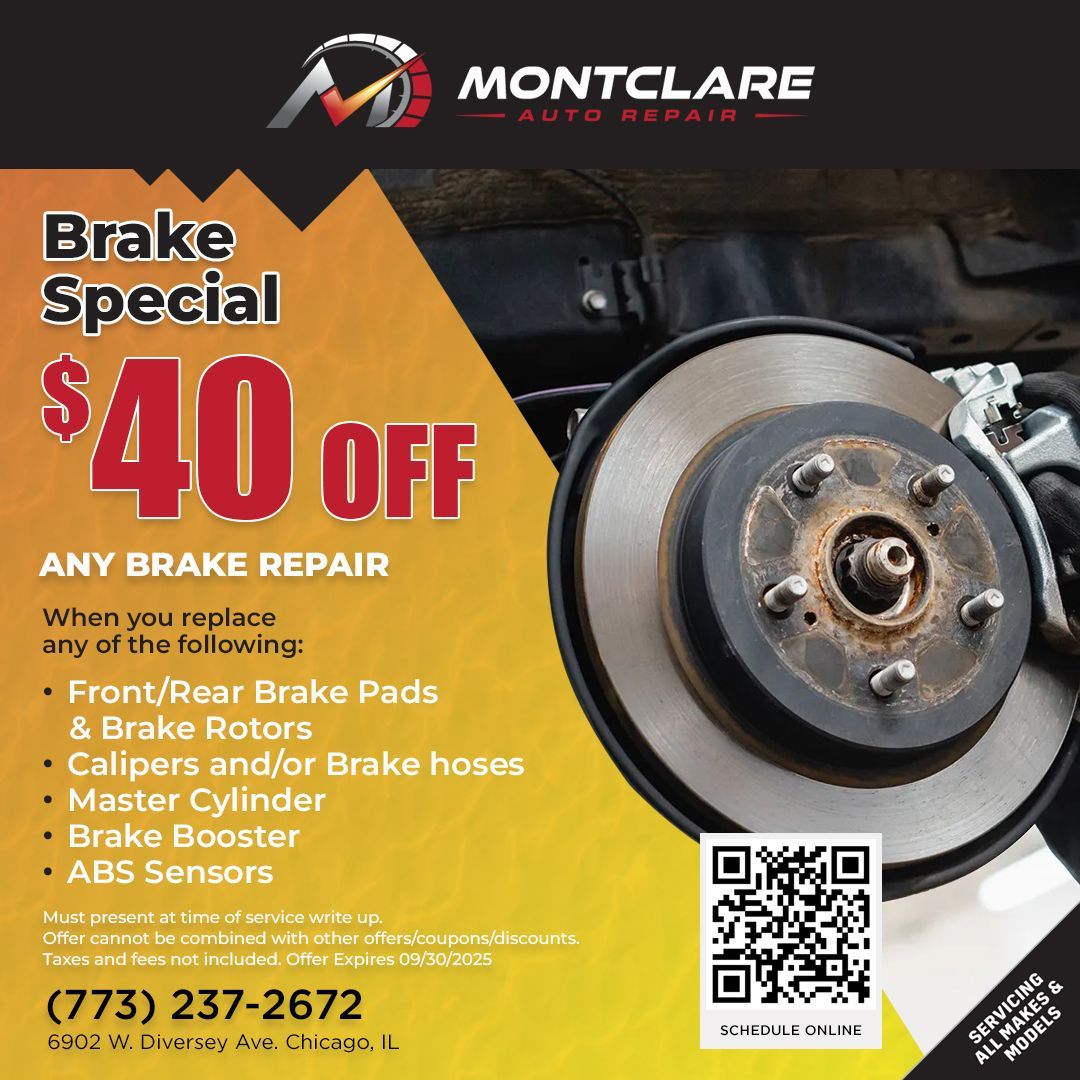 Brake repair advertisement: $40 off. Features a brake disc, shop logo, and phone number.