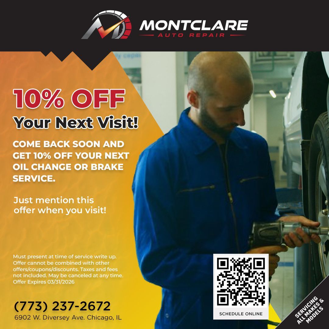 Advertisement for Montclare Auto Repair: 10% off oil change/brake service. Mechanic working on car, QR code, phone number.