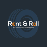 Ein Logo für Rent & Roll mit einem Reifen im Hintergrund