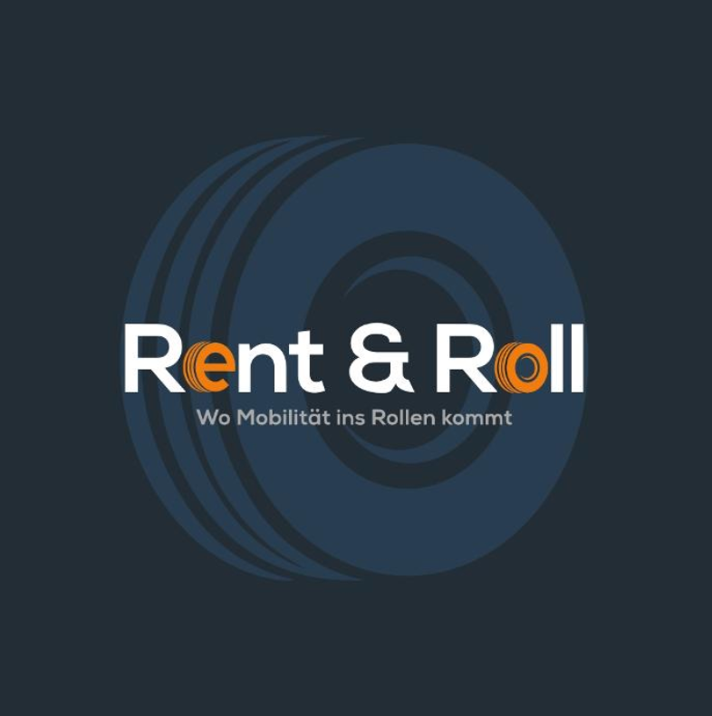 Ein Logo für Rent & Roll mit einem Reifen im Hintergrund